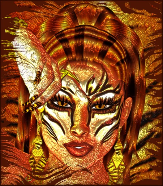 Tiger's Light. A woman's face with exotic Tiger striped makeup and a matching background. — Stock Photo, Image