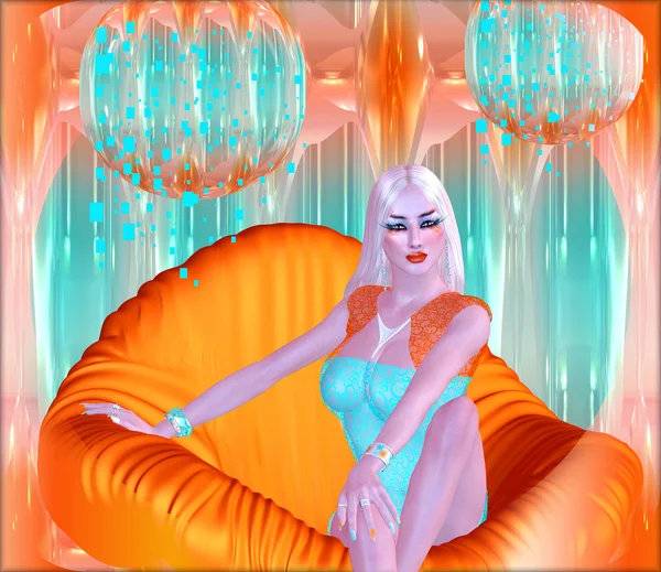 Sitter forførende på diskoklubben. En blond, digital modell sitter i en oransje stol med to diskoballer over hodet mens hun ser forførende ut i din retning. . – stockfoto
