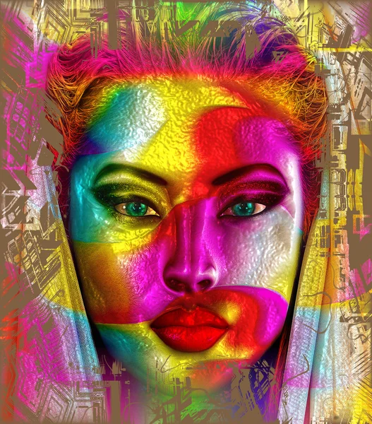 Twarz kolor. Stworzenie nowoczesnych cyfrowych dzieł sztuki kobiecej twarzy z kolorowymi wstążkami. — Zdjęcie stockowe