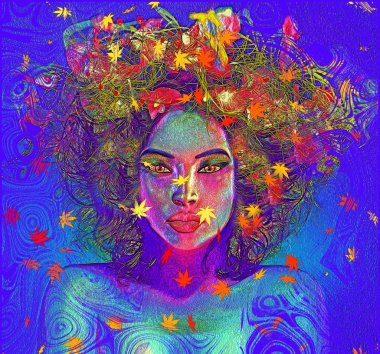 Renkli yaprakları ve swirls bir kadının yüzüne bu dijital sanat görüntü geliştirmek, yakın çekim.