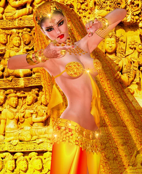 Bailarina del vientre, vestida de oro con un fondo del templo indio y luces brillantes, esta bailarina del vientre exuda misterio y seducción —  Fotos de Stock