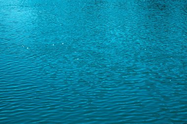 Mavi su arka planı. Denizin sakin yüzeyi. Okyanus. Doğal soyut arka plan. Film tahılları ve gürültü.