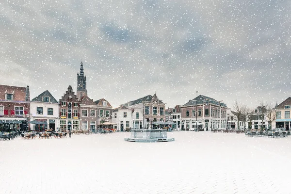 Winter View Central Square Ancient Buildings Snowfall Dutch City Amersfoort — Stock Photo, Image