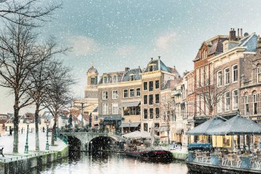 Hollanda Nieuwe Rijn kanalının kar yağışı ile kış manzarası. Köprü ve Hollanda 'nın Leiden kentindeki tarihi binalar.