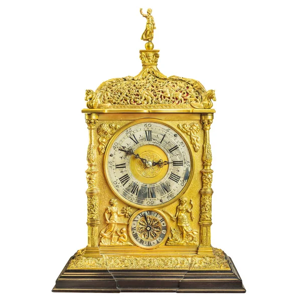 Antique Eighteenth Century Golden Table Clock Marble Foot Isolated White — Stock Photo, Image