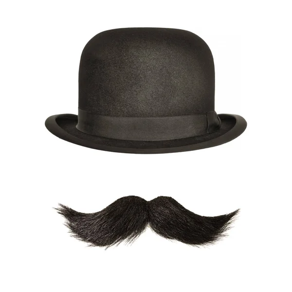 Vintage Bowler Hatt Med Svart Lockigt Mustasch Isolerad Vit Bakgrund — Stockfoto