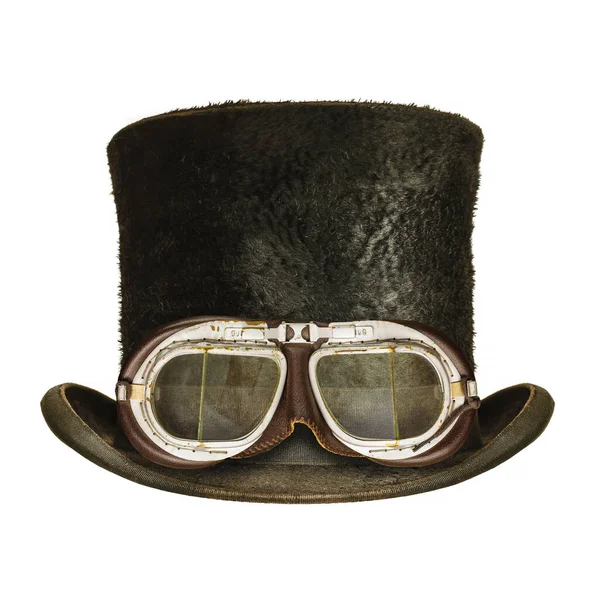 Steampunk Antika Svart Gentleman Hatt Med Glasögon Isolerade Vit Bakgrund — Stockfoto