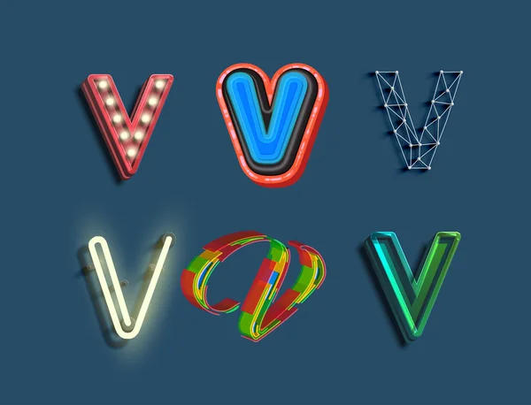 V-tekenset van 6 verschillende gestileerde lettertype — Stockvector