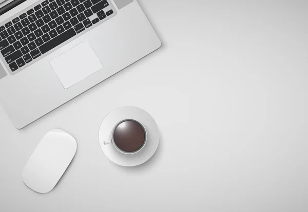 En az ofis bilgisayar, fare ve bir fincan kahve, vektör çizim
