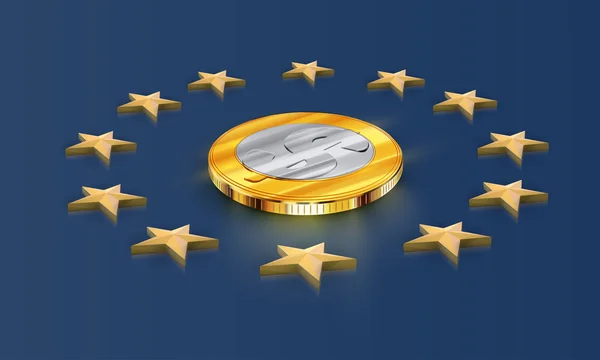 Αστέρια της Ευρωπαϊκής Ένωσης σημαία σε 3d με ένα κέρμα, διάνυσμα — Διανυσματικό Αρχείο