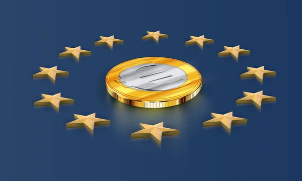 Αστέρια της Ευρωπαϊκής Ένωσης σημαία σε 3d με ένα κέρμα, διάνυσμα — Διανυσματικό Αρχείο