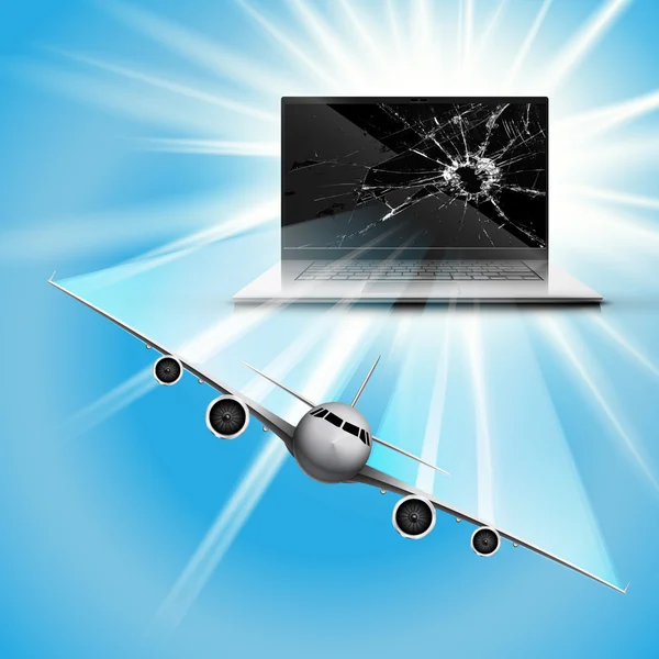 Airplane bursting through monitor — Stock Vector