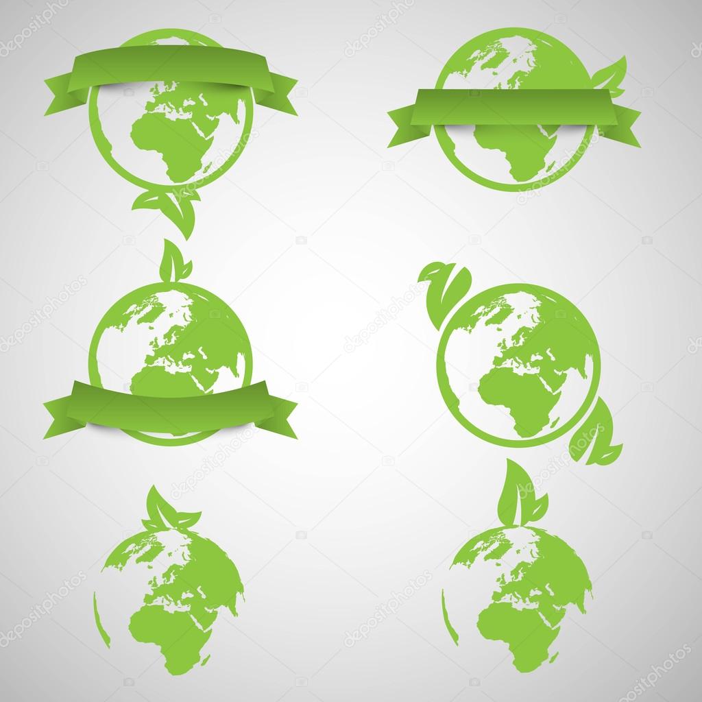Green world with leaves ecology logo set, vector illustration