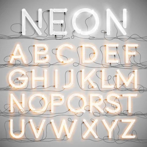 Alfabeto realistico al neon con fili — Vettoriale Stock