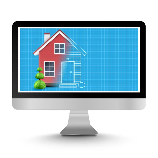 House with a blueprint on a computer — Stock Vector