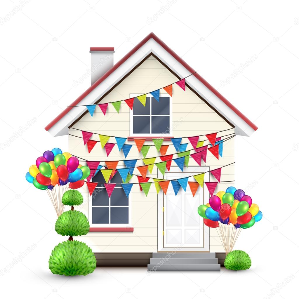 Realistic house with colorful flags and balloons, vector