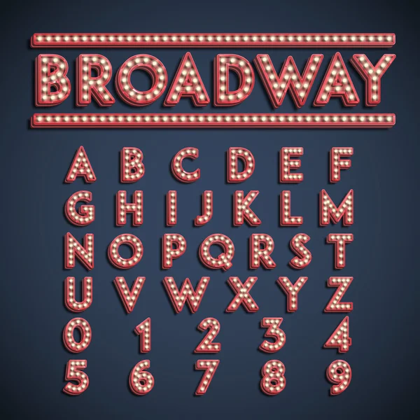 Broadway font with electric light bulbs — Stock Vector
