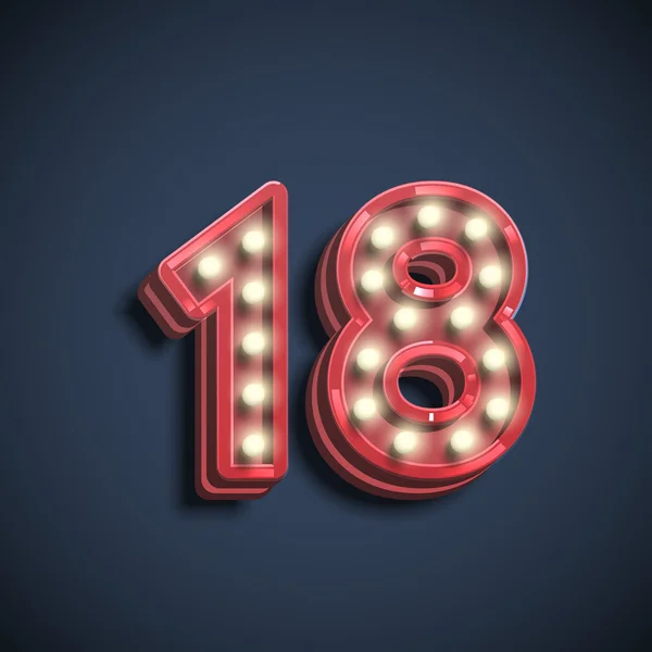 Nummer achttien met neon elektrische lampen — Stockvector