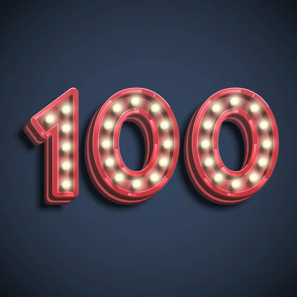 Nummer 100 med neon glödlampor — Stock vektor