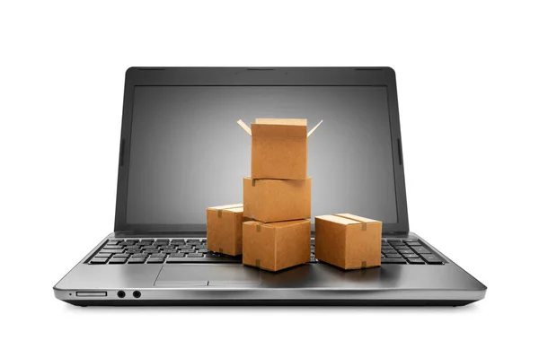 Online Shopping Concept Carton Boxes Placed Laptop Including Clipping Path — Stock Photo, Image