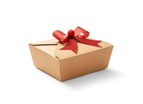 Coffret Cadeau Carton Avec Noeud Rouge Sur Fond Blanc Compris — Photo