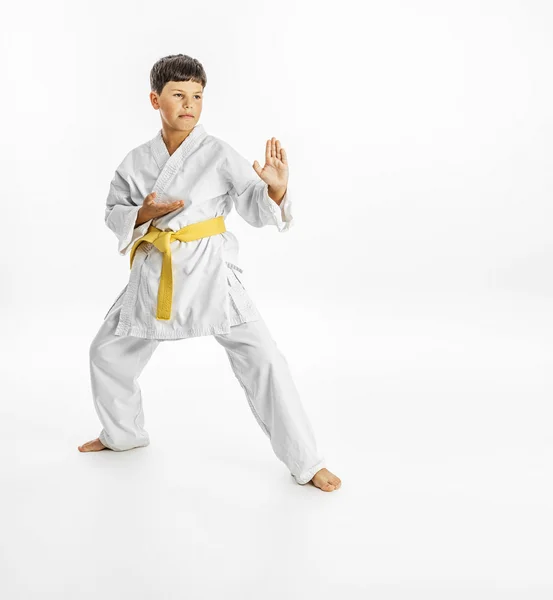 Ganzkörperporträt einer Karate-Kinderübung auf weißem Hintergrund — Stockfoto