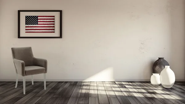 Rustiek interieur met usa vlag ingelijst aan de muur — Stockfoto