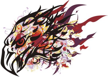 Kırmızı kalpleri olan alevli renkli kartal kafası sembolü. Tatiller, etkinlikler, duvar kağıtları, tekstil, posterler, baskılar, dövmeler, dekoratif kompozisyonlar için beyaz bir zemine kel kartal kafası serpiştirilmiş.