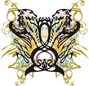 Hayvan kafalı renkli bir kelebek. Dövme için çiçeklere ve altın elementlere karşı aslan, tişört, poster, duvar kağıdı, tekstil gibi fantastik hayvanlarla desenli kelebekler..