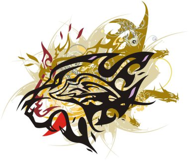 Altın ejderhalı saldırgan kaplan kafası. Dövmeler, tekstil ürünleri, duvar kağıtları, posterler, tişörtler vs. için dekoratif unsurlarla homurdanan kaplan kafası sembolü..