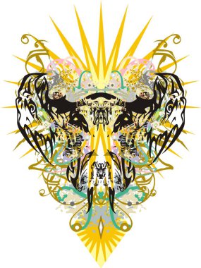 Renkli ve altın rengi lekeli çift kartal kafası sembolü. Güneş 'e karşı çift kartal sembolü. Renkli dekoratif elementlerle desenler, tekstil, posterler, duvar kâğıdı, dövme vs..