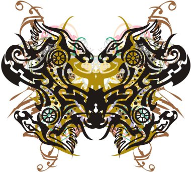 Ejderha desenli ve altın elementli kelebek kanatları. Duvar kağıtları, posterler, dövmeler, tekstil, kartpostallar, tişörtler vs. için çiçekli ve dekoratif süslemeleri olan güzel renkli kelebekler..
