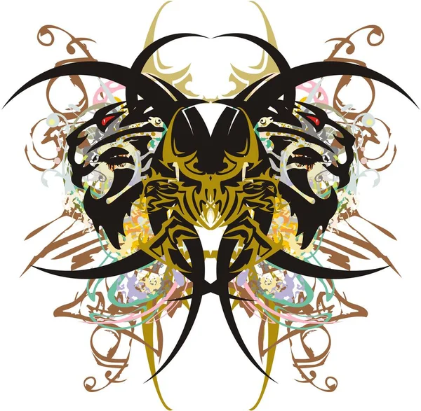 咄咄逼人的虎蝶翅膀五彩斑斓 美丽的蝴蝶翅膀 带有金黄色和花色元素 用于纺织品的龙图案 明信片 印刷品 纹身等 — 图库矢量图片