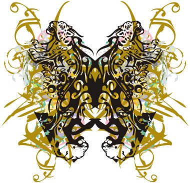 Jaguar desenli renkli kelebek kanatları. Tekstil, duvar kağıtları, kartpostallar, tişörtler, dövmeler vs. için çiçek ve ejderha desenli güzel altın kelebek kanatları..