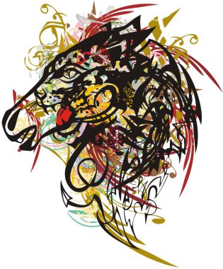 Renkli sıçratır tehlikeli at kafası. Grunge Mustang kafası ejderhanın elementleriyle, içinde kükreyen leopar kafası duvar kağıdı, posterler, baskılar, tekstil için çiçek ve altın sıçramalara karşı.