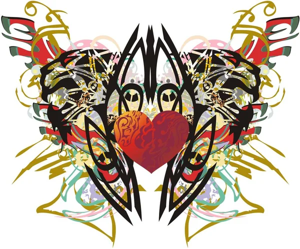 虎のパターンと赤の心を持つ壮大な蝶の翼 虎の頭 休日やイベント 織物などの色の花の装飾要素と心を持つ美しい蝶の翼 — ストックベクタ