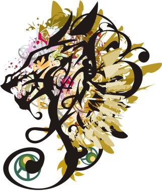 Grunge ejderha kafasının kıvrılmış sembolü renkli sıçramalar. Altın tüy elementleri, çiçek lekeleri ve renkli posterler, tekstil, duvar kağıdı, dövmeler, parmak izleri vs. olan agresif genç ejderha..