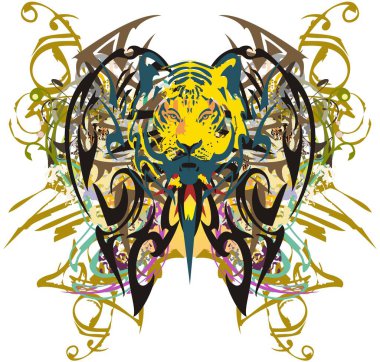 İçinde kaplan kafası olan renkli kelebek kanatları. Güzel, detaylandırılmış, kaplan başlı kelebek kanatları, duvar kağıdı, tekstil, moda eğilimleri, dövmeler, baskılar vs..