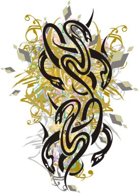 Grunge yılanları renkli lekeleri simgeler. Altın ve çiçeklerin arka planında yılanların süslemesi, tekstil, poster, duvar kâğıdı, dövme, tişört üzerindeki parmak izi eşkenar dörtgen unsurları