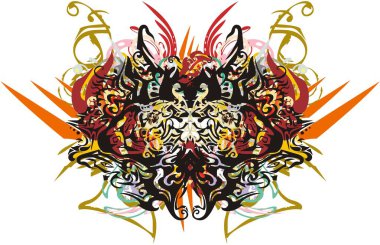 Tehlikeli renkli sıçrayan kelebek kanatları. Süslü kelebek kanatları, renkli çiçekli ve altın rengi süslemeler, yaratıcı fikirleriniz için kırmızı oklar, baskılar, tekstil, duvar kağıtları, vs..