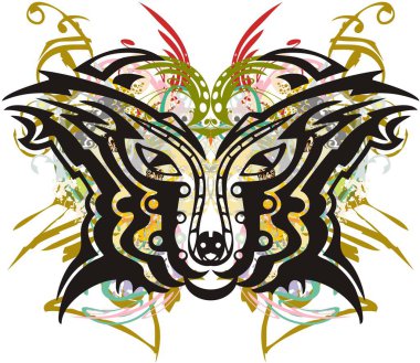 Kedi renginde çiçek desenli bir hayvan kafası. Çiçekli ve altın elementli dekoratif bir kedinin yanan karnaval maskesi tekstil, baskı, duvar kağıdı vs. için de kullanılabilir..