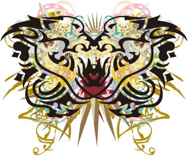 Aslan başlı renkli kelebek kanatları. Dekoratif çiçek ve altın lekeleri, dövme, tekstil, duvar kâğıdı, baskılar, posterler, vs. için kelebeğin kanatlarındaki bir yıldızın elementleri..