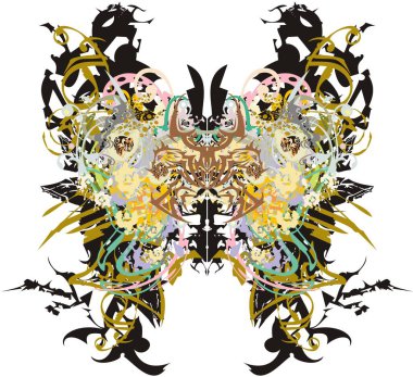 Tehlikeli renkli kelebek kanatları sıçrıyor. Çiçekli ve altın elementli soyut kelebek kanatları, dövmeler için ejderha deseni, kartlar, tişörtler, duvar kağıtları, tekstil vs..