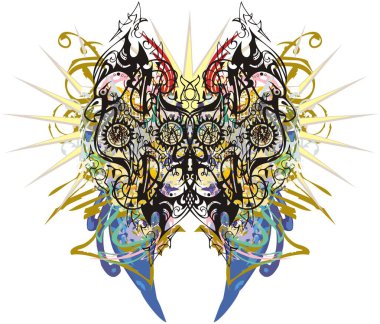 Süslü renkli kartal kafaları kelebek kanatlarında. Kelebek kanatları mavi, altın çiçekli kartlar, posterler, tekstil, duvar kâğıdı, dövmeler, baskılar vesaire için yıldız unsurları..