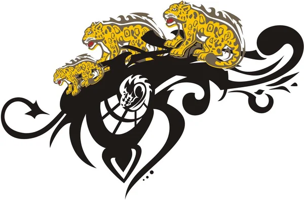 Verziertes Augensymbol Mit Jaguar Elementen Jaguare Fahren Rande Eines Flammenden Stockillustration