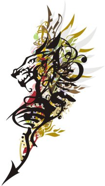 Renkli kıvrılmış ejderha sembolü sıçradı. Tüyler, tişörtler, duvar kağıtları, tekstil, dövmeler vs. için altın ve çiçek motifleri olan genç ve saldırgan bir ejderhanın sembolü..