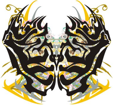 Korkunç renkli kelebek kanatları sıçrıyor. Posterler, tekstil ürünleri, dövmeler, duvar kağıtları vb. için çiçek dekoratif elementlerinin arka planına karşı alışılmadık bir deseni olan soyut kelebek kanatları..