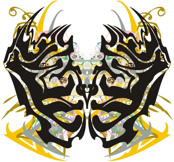 怖い色鮮やかな蝶の翼が飛び出す ポスター タトゥー 壁紙などの花の装飾要素の背景に異常なパターンを持つ抽象蝶の翼 — ストックベクタ