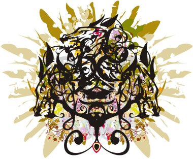 Üç başlı ejderha sembolü renkli sıçramalar. Genç bir ejderhanın agresif kafaları çiçek desenleri, altın tüyler ve parmak izleri, tekstil, duvar kâğıdı vs..