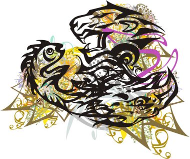 Aslan, balık ve kartallı renkli vahşi yaşam. Vahşi hayvanların kafaları tarafından oluşturulmuş üçlü bir sembol. Çiçek ve altın elementler. Yaratıcı fikirleriniz, baskılarınız, duvar kağıtlarınız, vs..